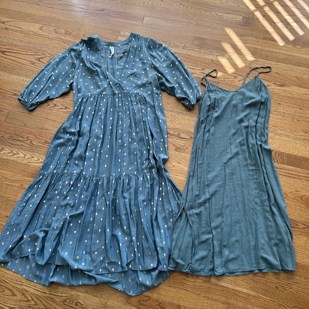 Anthropologie Blue Gray Dress with Gold Accents